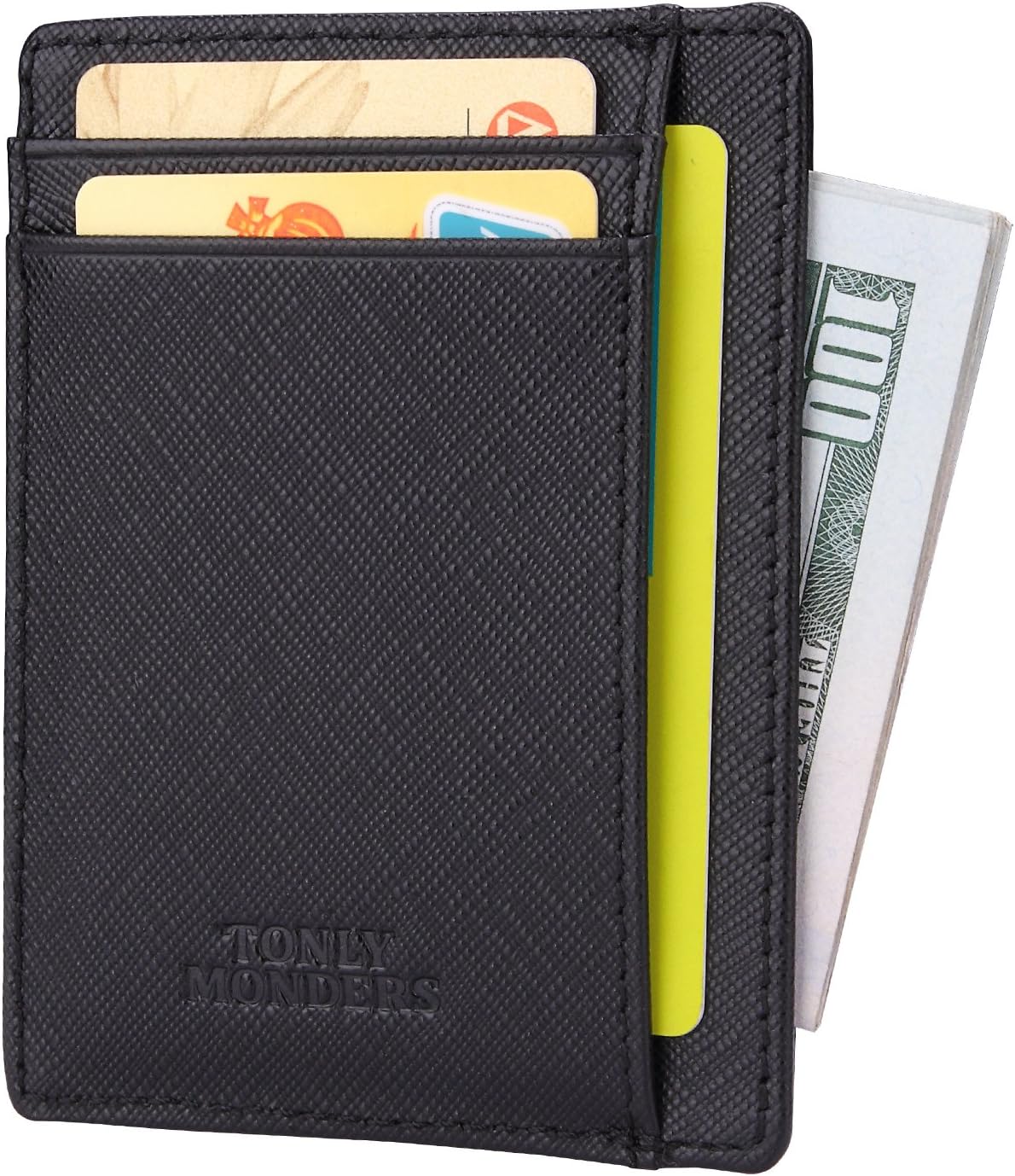 Tonly Monders Minimalist Genuine Leather Wallet RFID Front Pocket Wallet Slim Credit Card Holder (Black - Saffiano)
