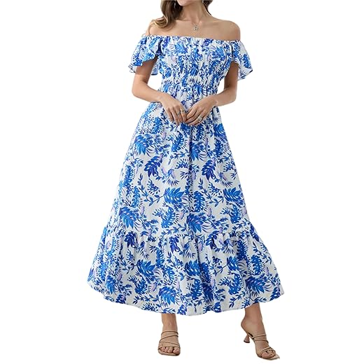 Vestido midi floral com gola quadrada