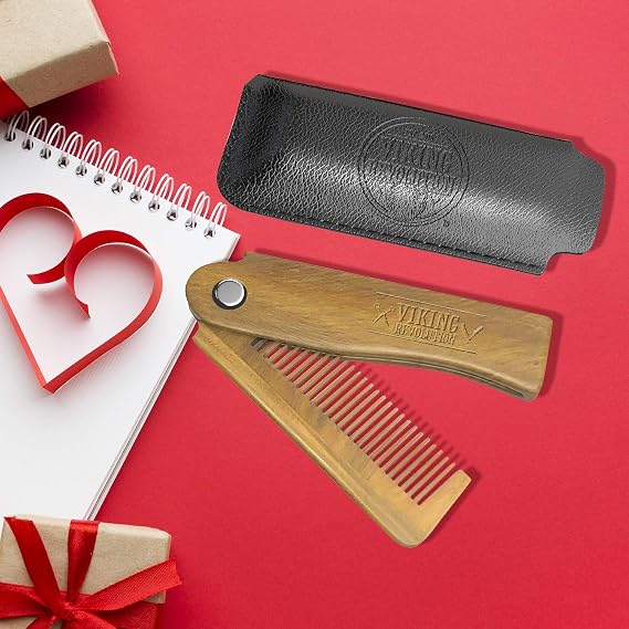 Viking Revolution Folding Beard Comb - Natural Wooden Comb - 1 Count | All-Natural Wooden Beard Comb - Includes Carrying Pouch & Gift Box - For Grooming Beards & Mustaches - Green Sandalwood
