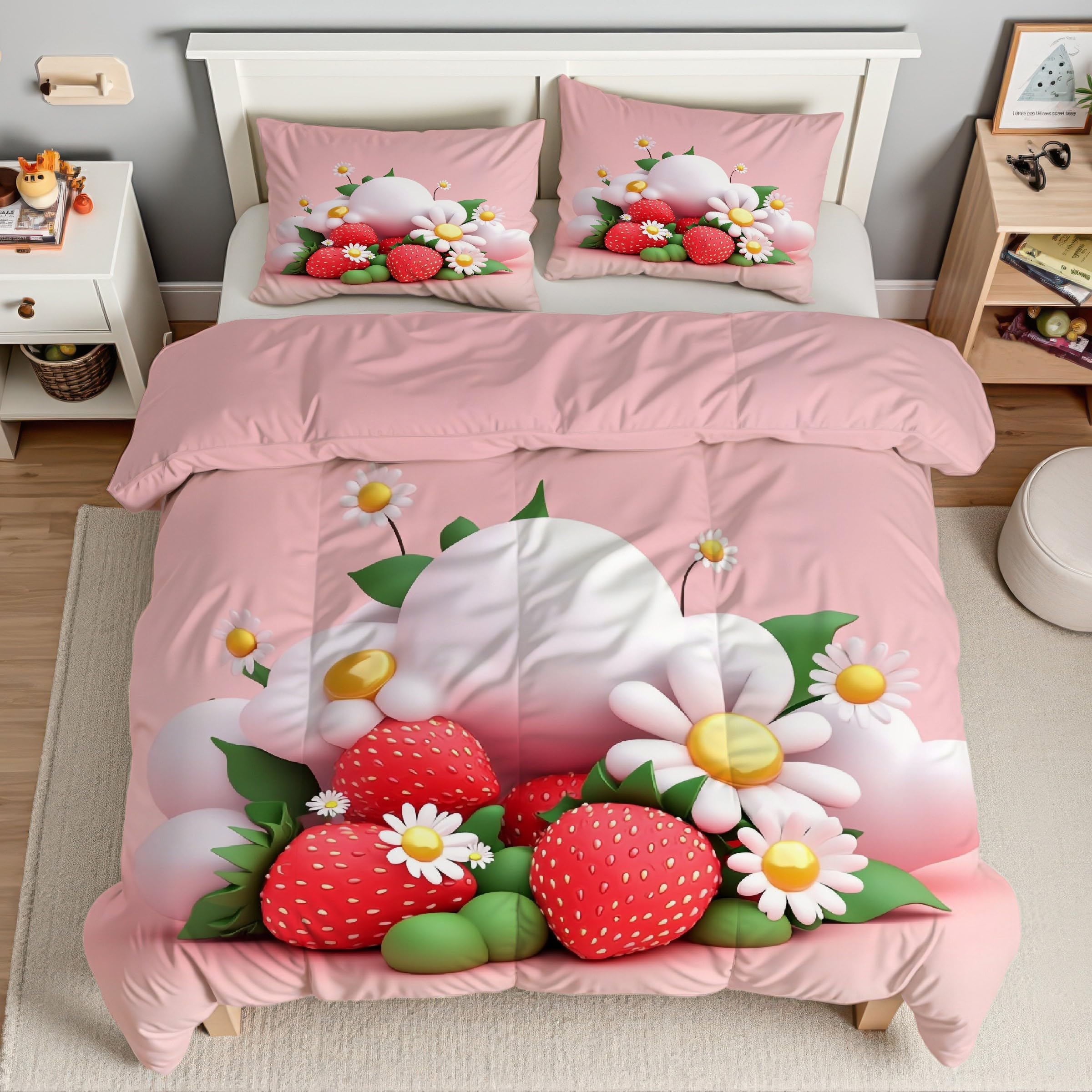Linge de Lit en Microfibre Douce Housse de Couette 200x200 Fleurs Fraise