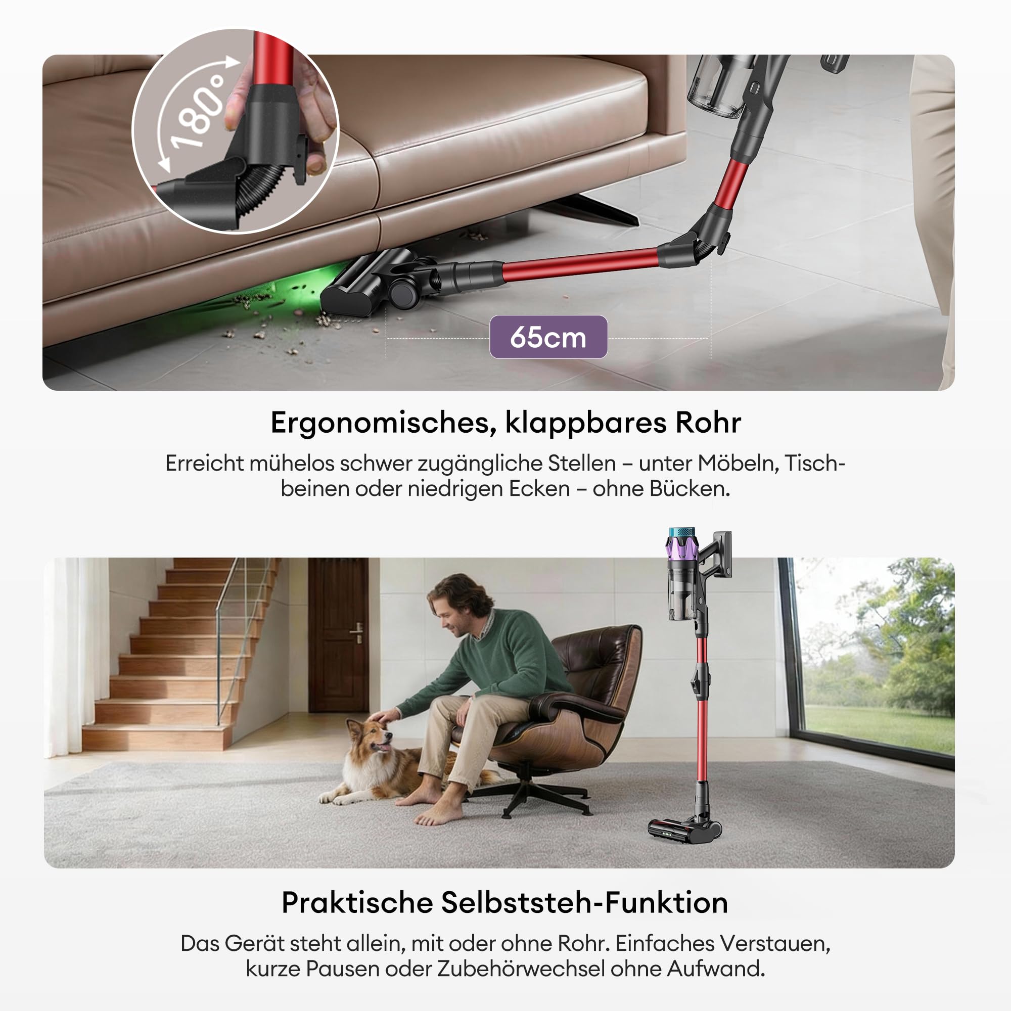 Ultenic Akku Staubsauger 55000Pa/600W/80Min, 1,6L Staubsauger Kabellos mit Multi-Zyklon-Filtration, Touchscreen, Anti-Tangle-Bürste, Wandladestation, Selbststehend，für Tierhaare/Teppiche/Hartböden,Rot