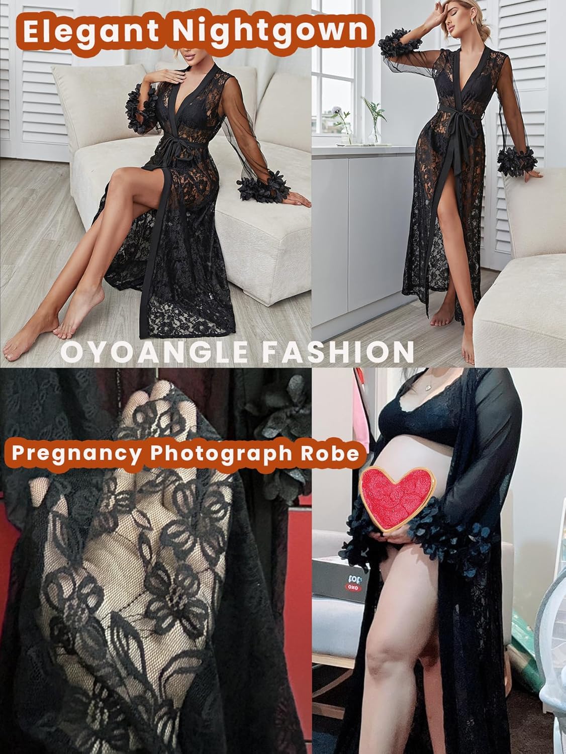 OYOANGLE Women's Long Lace Nightgown Appliques Sheer Mesh Bride Bridesmaids Wedding Kimono Robe - Image 5