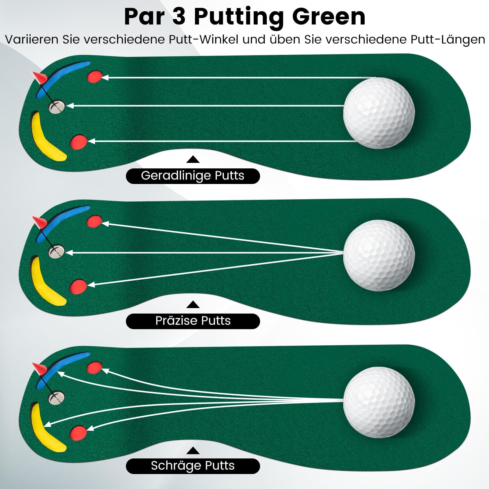 COSTWAY 300 x 96cm Golf Puttingmatte, Putting Green für Indoor & Outdoor, Golfmatte faltbar mit 3 Putting Cups & 1 Fahne, Golf Übungsmatte Trainingsmatte für Zuhause, Büro