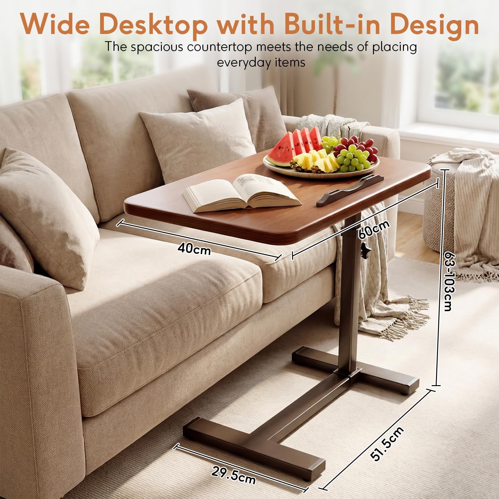 Mesa auxiliar con ruedas ocultas, escritorio de pie, altura regulable de 63 a 103 cm, mesa de cama móvil de madera, mesa de sofá, mesita de noche, mesa de aseo para dormitorio, salón