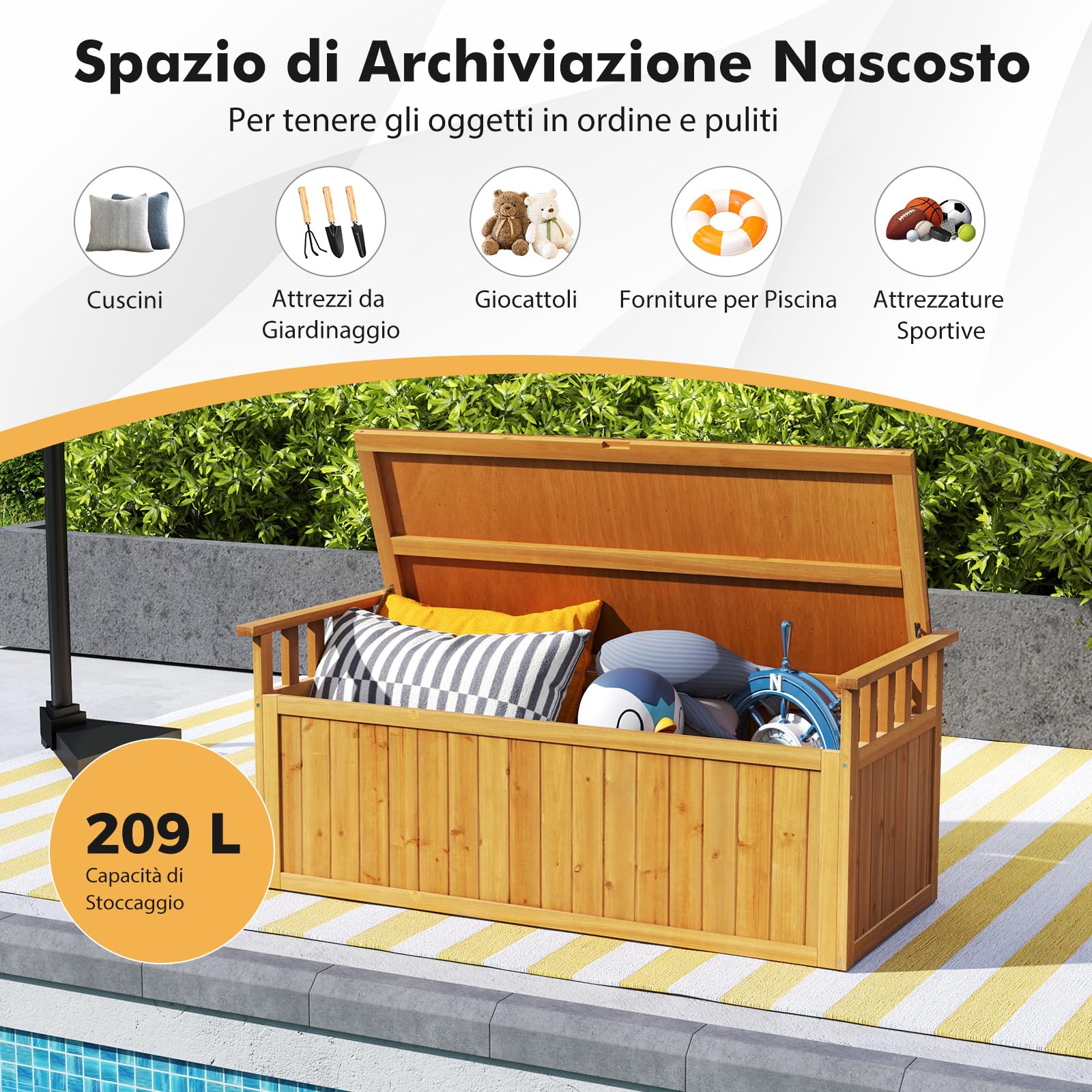 RELAX4LIFE 209L Cassapanca Contenitore da Esterno in Legno, Panchina da Giardino con Braccioli e Spazio di Archiviazione Nascosto, Contenitore Portaoggetti per Giardino, Terrazza, Veranda e Piscina
