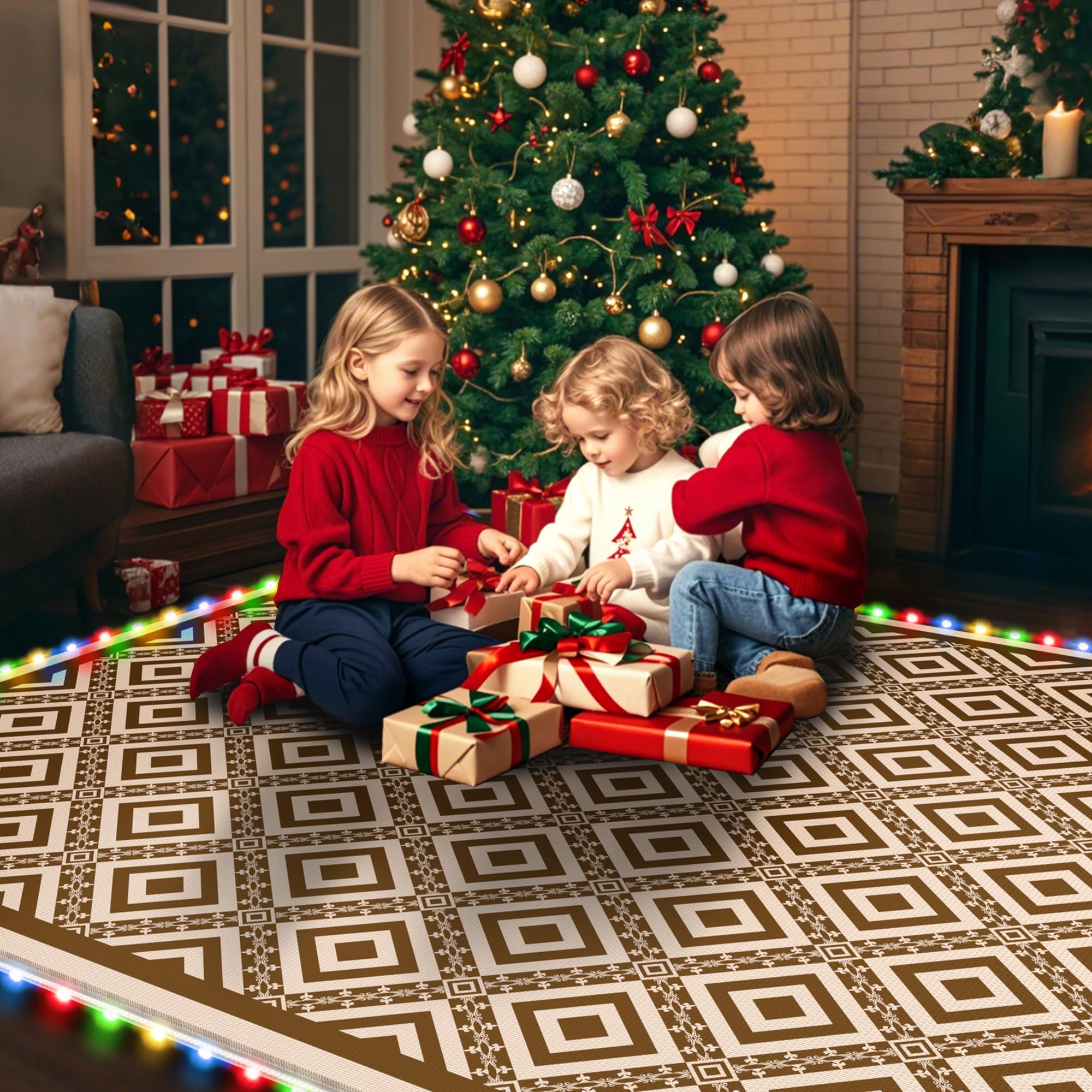 Tapis d'extérieur réversible avec lumières - 2,4 x 3 m - Tapis d'extérieur en paille en plastique imperméable, facile à nettoyer, ne perd pas ses poils, pliable et portable - Tapis réversible pour