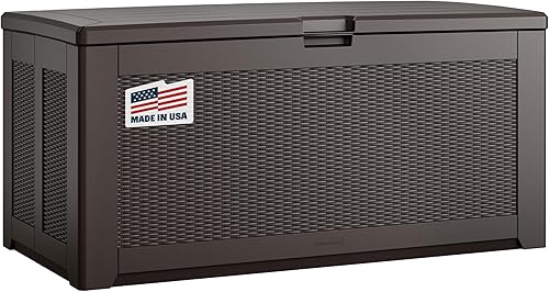 Rubbermaid Caja de almacenamiento de resina extragrande para exteriores (134 galones), resistente a la intemperie, marrón, organización de cubierta