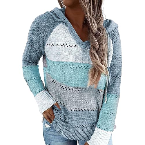 BLENCOT Women Color Block Hooded Crochet Striped Sweaters Lightweight Drawstring Hoodies Pullover Trendy Sweatshirts