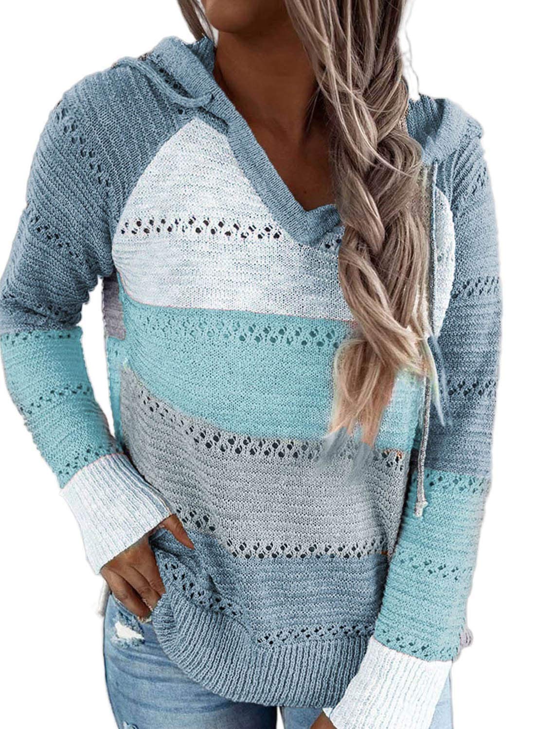 BLENCOT Women Color Block Hooded Crochet Striped Sweaters Lightweight Drawstring Hoodies Pullover Trendy Sweatshirts