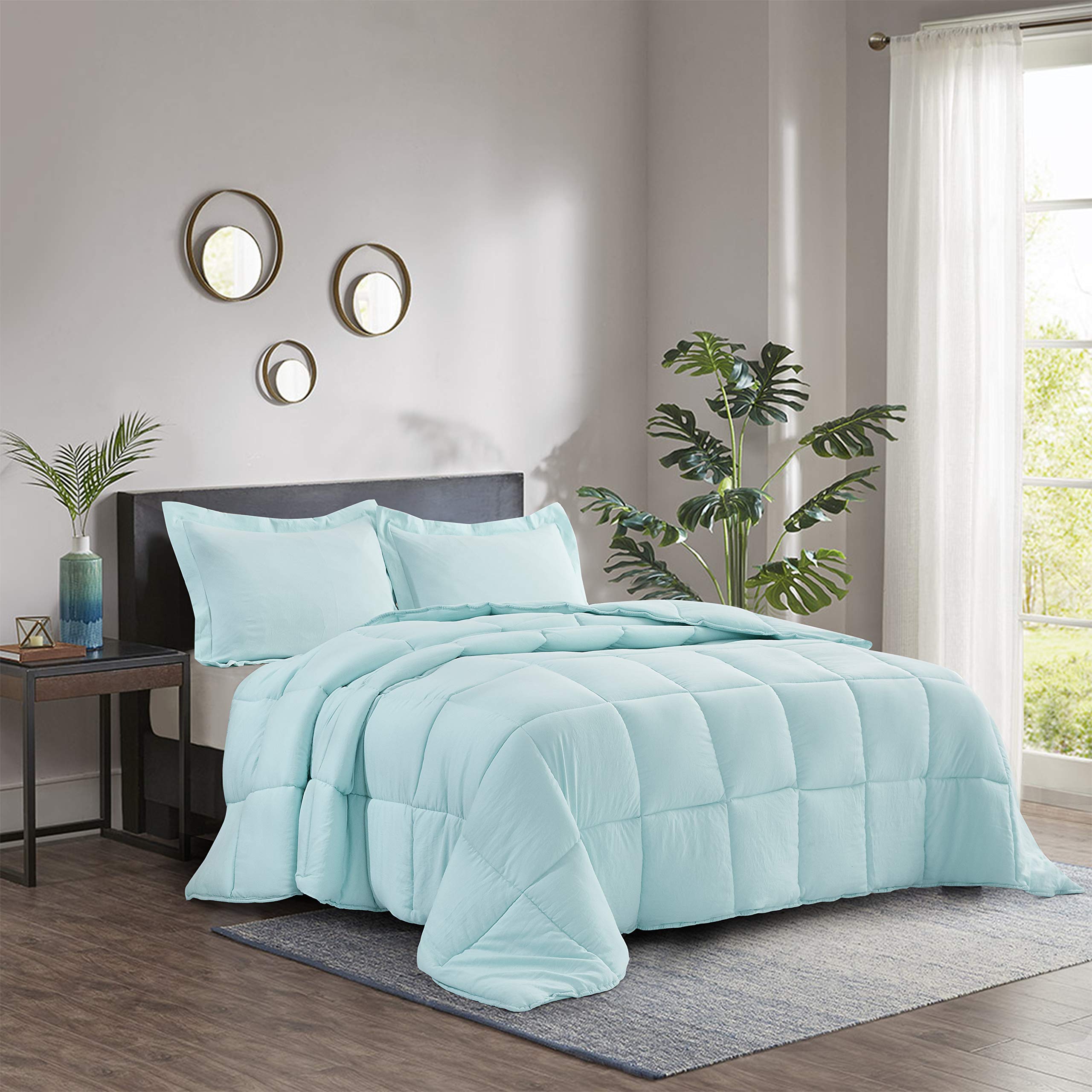 HIG Pre Washed Down Alternative Comforter Set King - Reversible Chic Quilt Design - Box Stitched with 4 Corner Tabs - Lightweight for All Season - Aqua Duvet Comforter with 2 Pillow Shams