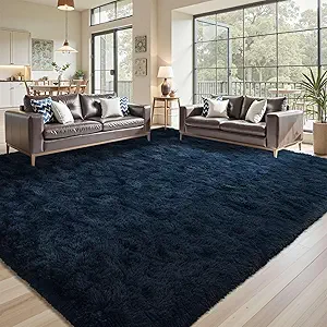 9x12 Area Rugs for Living Room Fluffy Blue,Plush Soft Navy Blue Shag Carpet for Living Room Boys Book Room Nursery Kids Playroom Dorm Decor