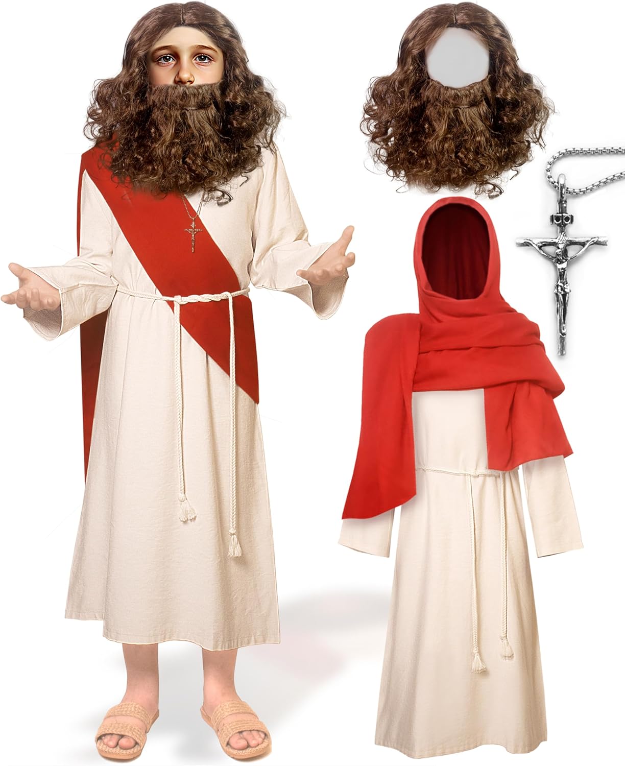Kids Jesus Costume Boys Nativity Saint Robe Wig 6pcs Sets for Halloween Christmas Easter Cosplay 4-12Y