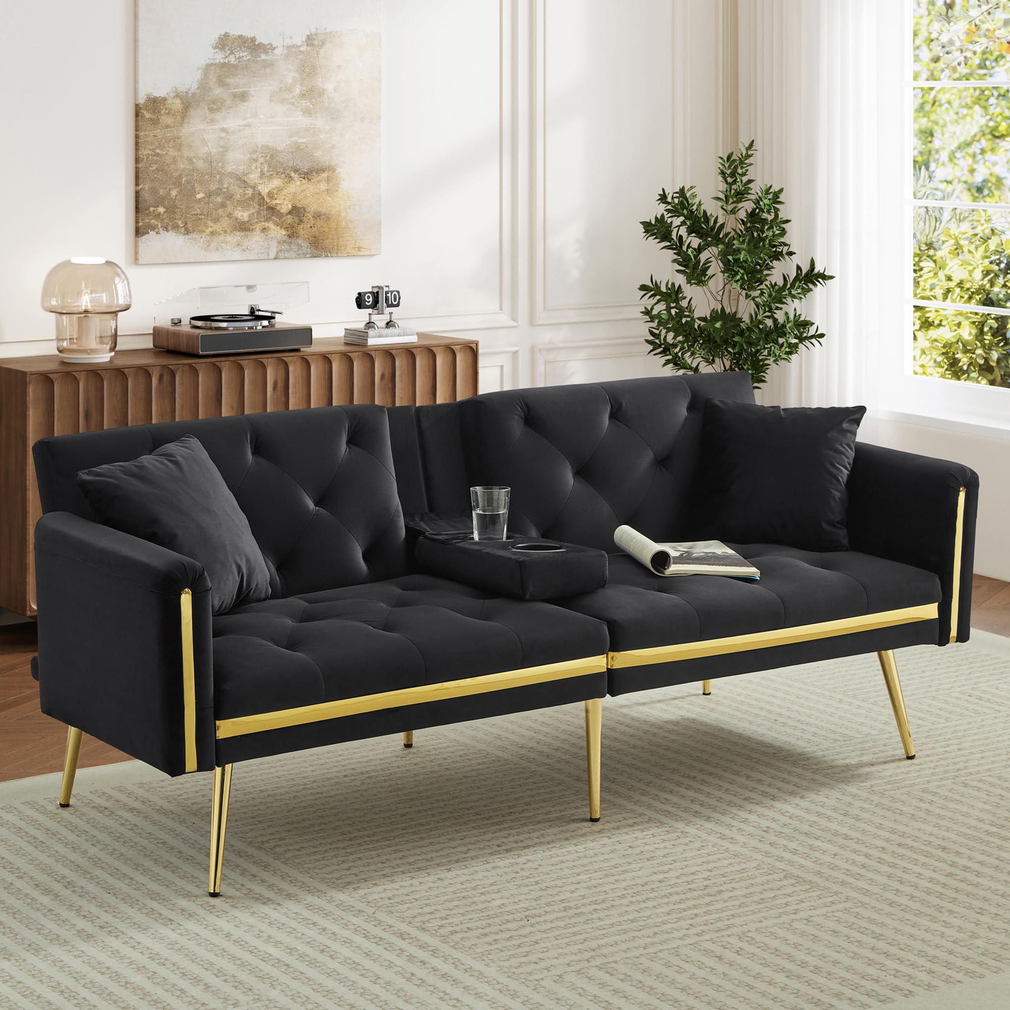 Ball & Cast 3 Seater Sofa Bed with Adjustable Backrest, Gold Accents and Built-in Cup Holders, 3 Seater Sofa/Folding Bed for for Living Room and Bedroom, Black