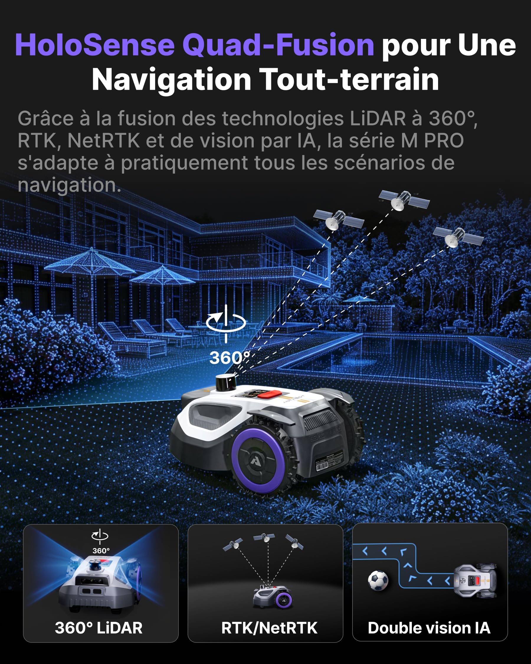 ANTHBOT M5 Pro 360° LiDAR Tondeuse Robot - 500㎡，NetRTK + 4G+HDR Vision IA - vue 3