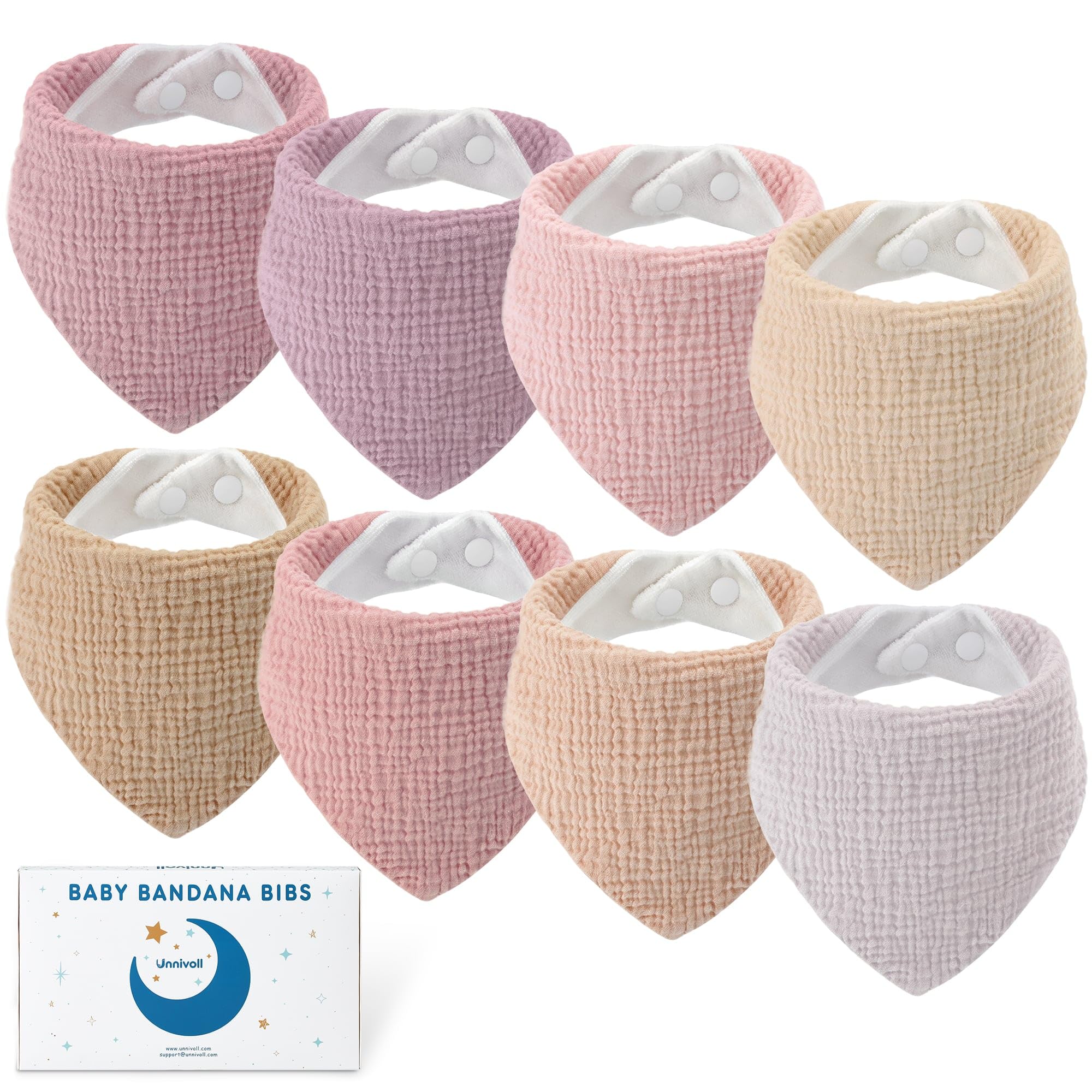Unnivoll Muslin Baby Bibs 100% Cotton Bandana Dribble Bibs 8 Pack Baby Bib for Drooling and Teething with Adjustable Snaps, Soft and Absorbent, 0-36 Months, for Unisex Girls Boys Pink Orange Apricot