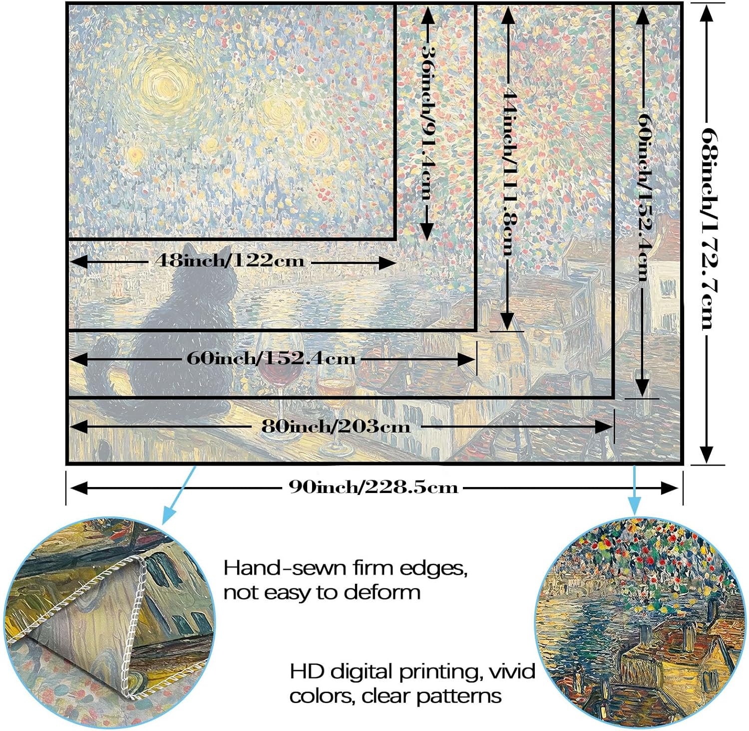 Yeoiat Tapestry Van Gogh Starry Night Cat Tapestries Impressionist Fireworks Cityscape Tapestries Black Cat Wine Glass Wall Tapestry Bedroom Dormitory Living Room Decoration 90"x70"
