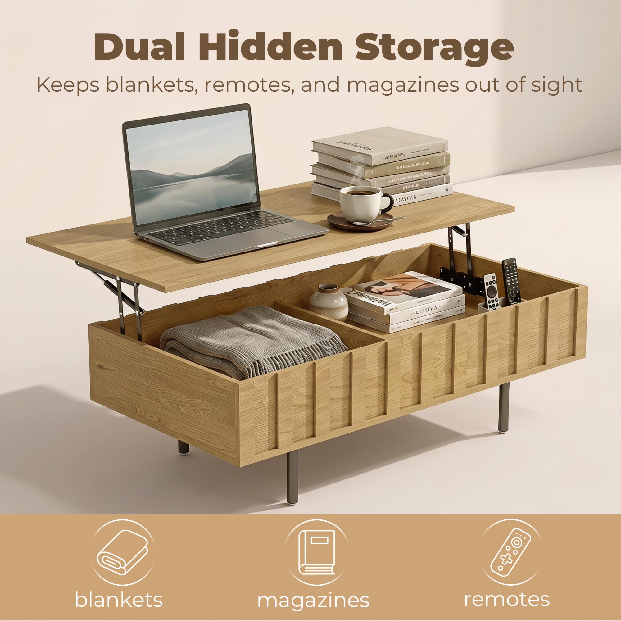 HOMCOM Mesa de Centro Elevable con 2 Compartimentos 110x55x36,5 cm Roble | Mesa de Café para Salón, 2 Compartimentos Ocultos, Patas de Metal, Sala de Estar, Comedor
