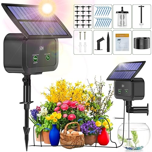 Kit de sistema de riego por goteo solar con pantalla LCD, 30 modos de trabajo y 10 intervalos de riego, kit de riego por goteo alimentado por