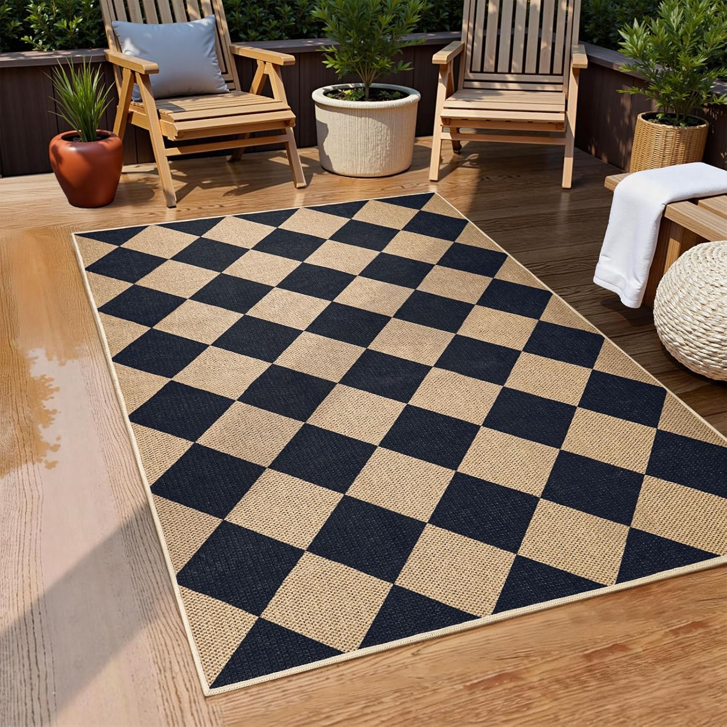 EDIMENS Checkered Easy Jute Rug, 3x5 Outdoor Patio Rug for Entryway Indoor Outdoor Living Room Carpet, Black Washable Non Slip Diamond Farmhouse Carpet for Backyard Front Porch Patio Balcony