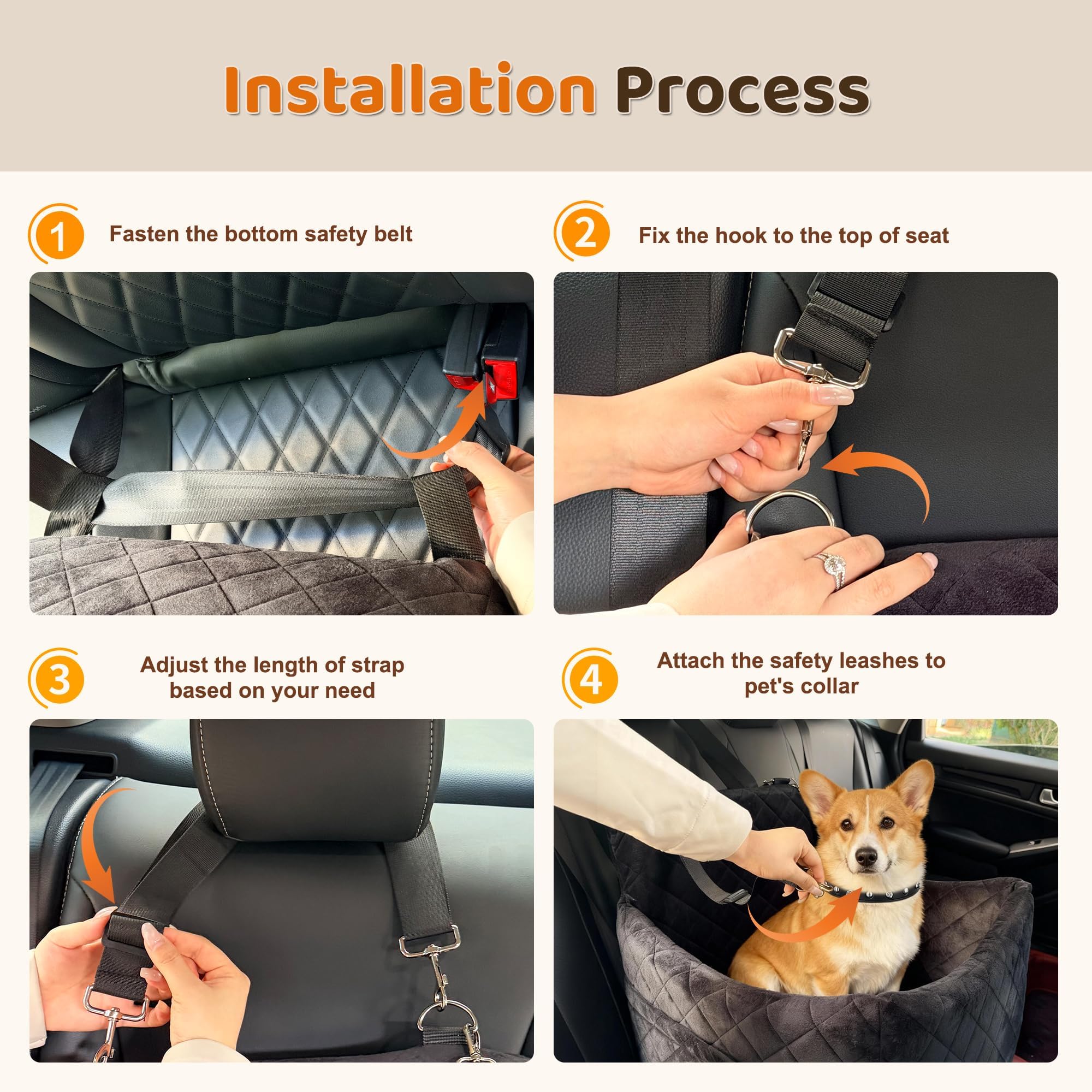 Siège Auto en Peluche pour Petit Chien Jusqu'à 9 Kg | Mousse À Mémoire De Forme, Base Antidérapante, Ceinture De Sécurité, Housse Lavable 45 × 45 × 35 Cm