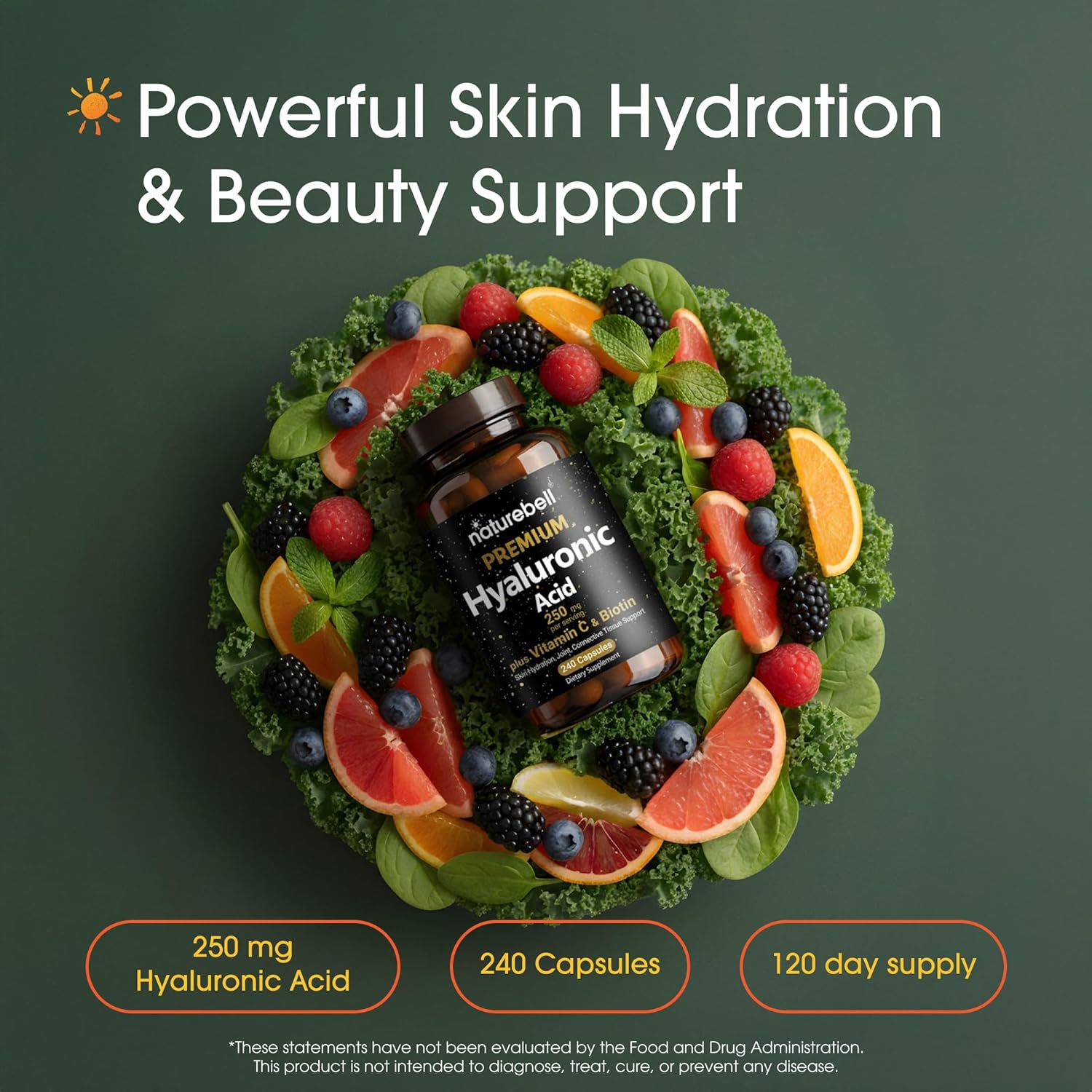 NatureBell Hyaluronic Acid 250mg - 240 Capsules - 250mg Hyaluronic Acid, 5000mcg Biotin & 25 mg Vitamin C - Supports Skin, Hair, Bone, Eye & Joint Health*