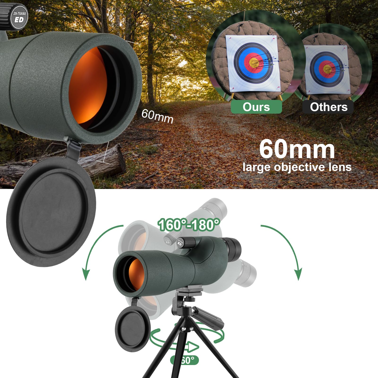 Cannocchiale, 25-75x60 Cannocchiale con Treppiedi, ED FMC Ottica Bak4 Prisma IPX7 Impermeabile Telescopio Spotting Scope con Smartphone Adapter per Tiro a Segno, Birdwatching, Caccia