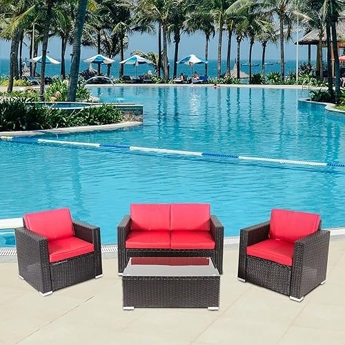 Miniatura 7 de Kinsunny Juego de 4 sofás de mimbre para exteriores, muebles de patio, sofá seccional de mimbre con mesa de café de cristal y cojines extraíbles