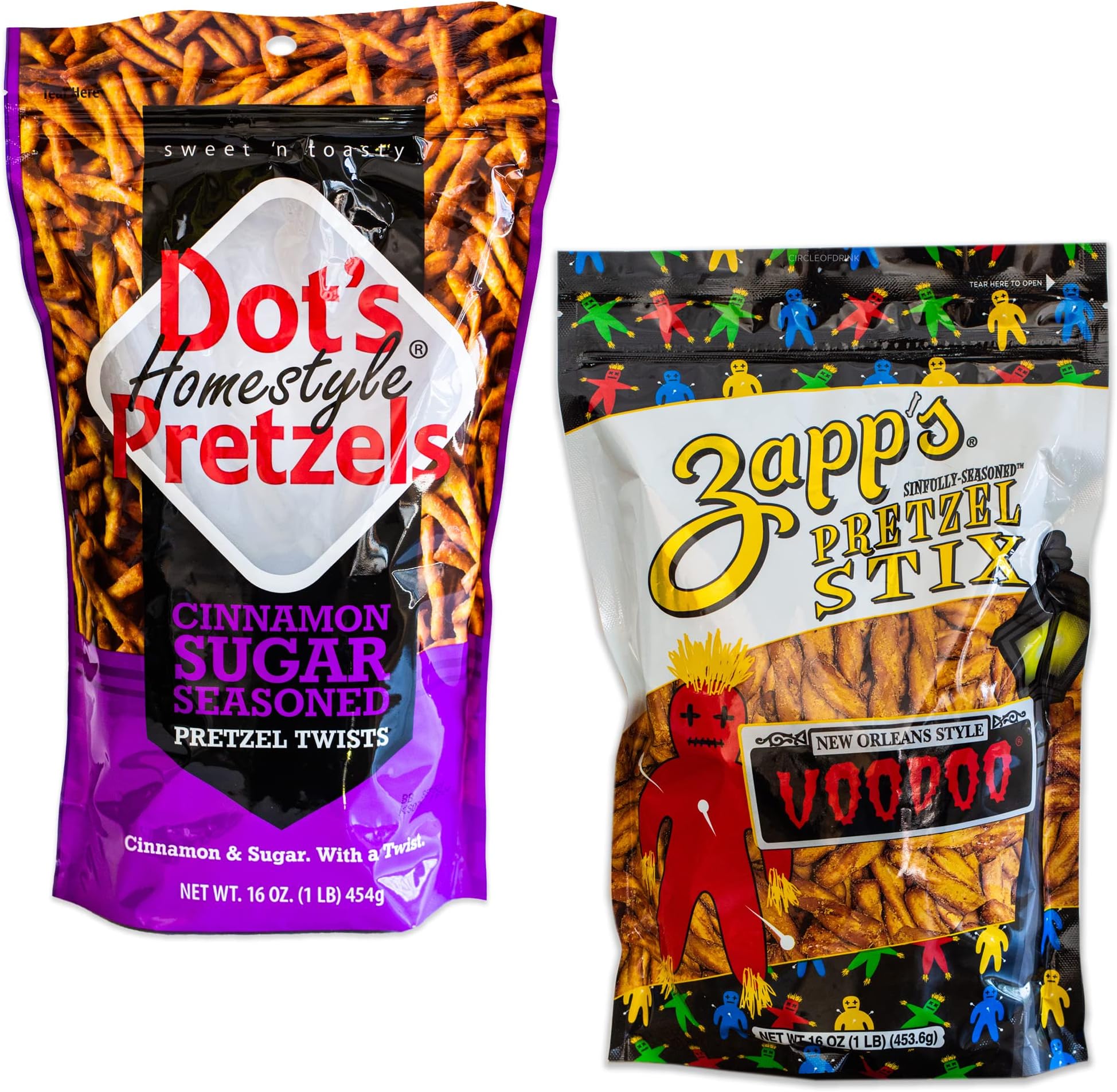 Dot's Cinnamon Sugar Pretzel Twists - Variety Pack - Zapp's Voodoo Pretzel Stix - 2, 16oz bags