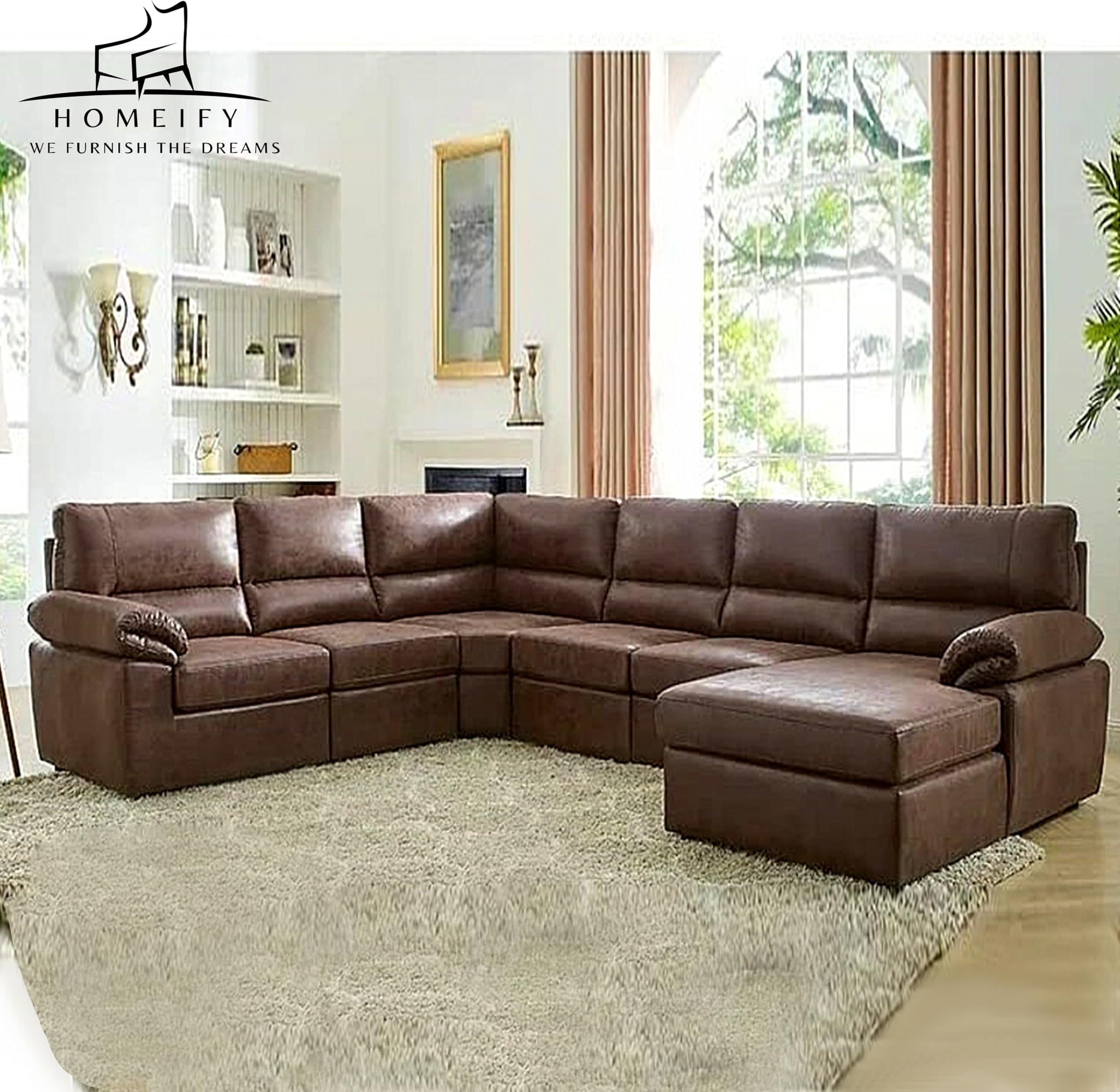Homeify Eleanor Wooden 8 Seater Letherette U Shape Sofa for Living Room Set (Letherette,Brown)