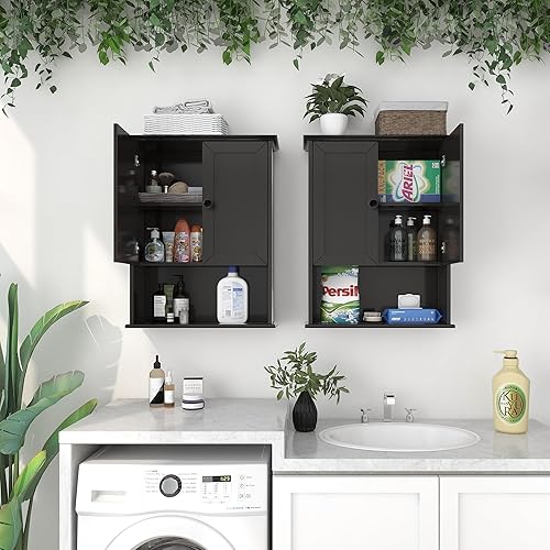 Miniatura 7 de Armario de pared de baño negro de 24 x 30 pulgadas sobre inodoro montado en la pared Armarios de medicina de baño de madera con estante ajustable,
