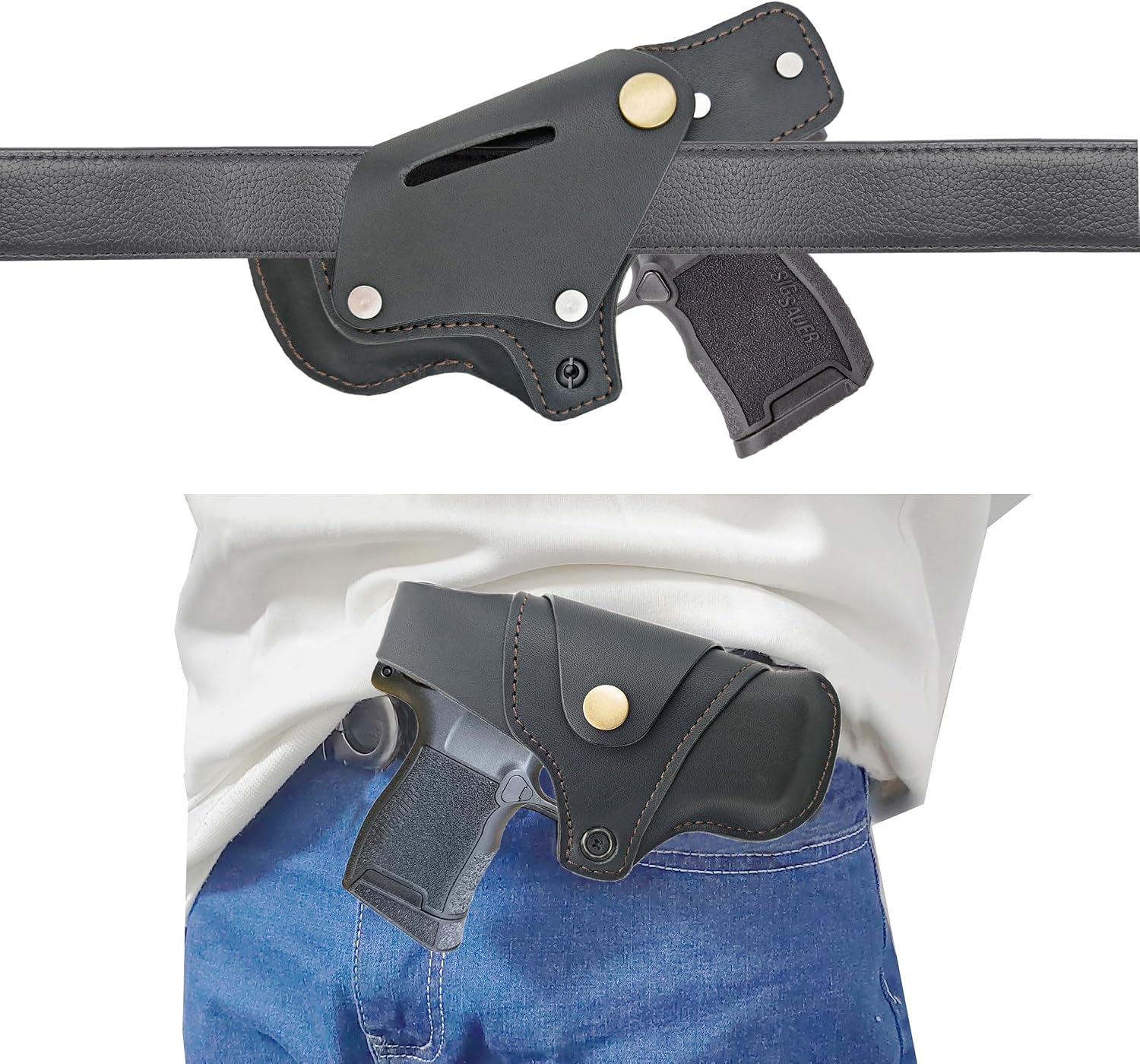 OWB Leather Holster for Glock 43 / Glock 43X Taurus G2/G2C/G3C PT111 Springfield XDS –Outside Waistband Carry with Thumb-Break Retention, Cross Draw Driving Holster