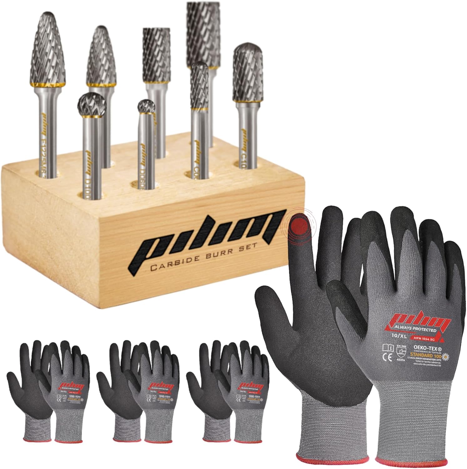 Tungsten Carbide Burr Set 1/4" Shank 8PC Double Cut Rotary Cutting Burrs + Microfoam Nitrile Safety Work Gloves Set Size 07 / 3PC