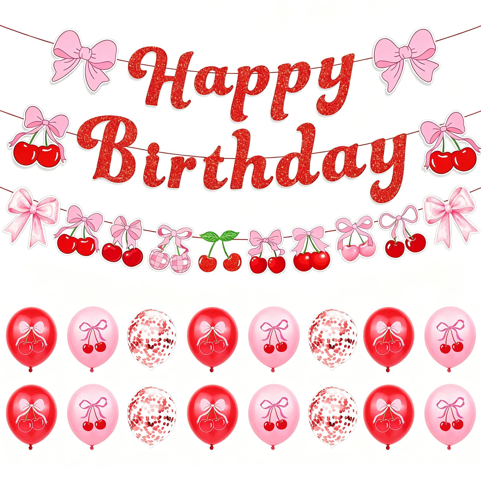 19Pcs Cherry Bow Print Birthday Banner with Balloons, Happy Birthdays Banners, Cherry Bow Party Decorations, Fashion Photography Props for Girls & Women