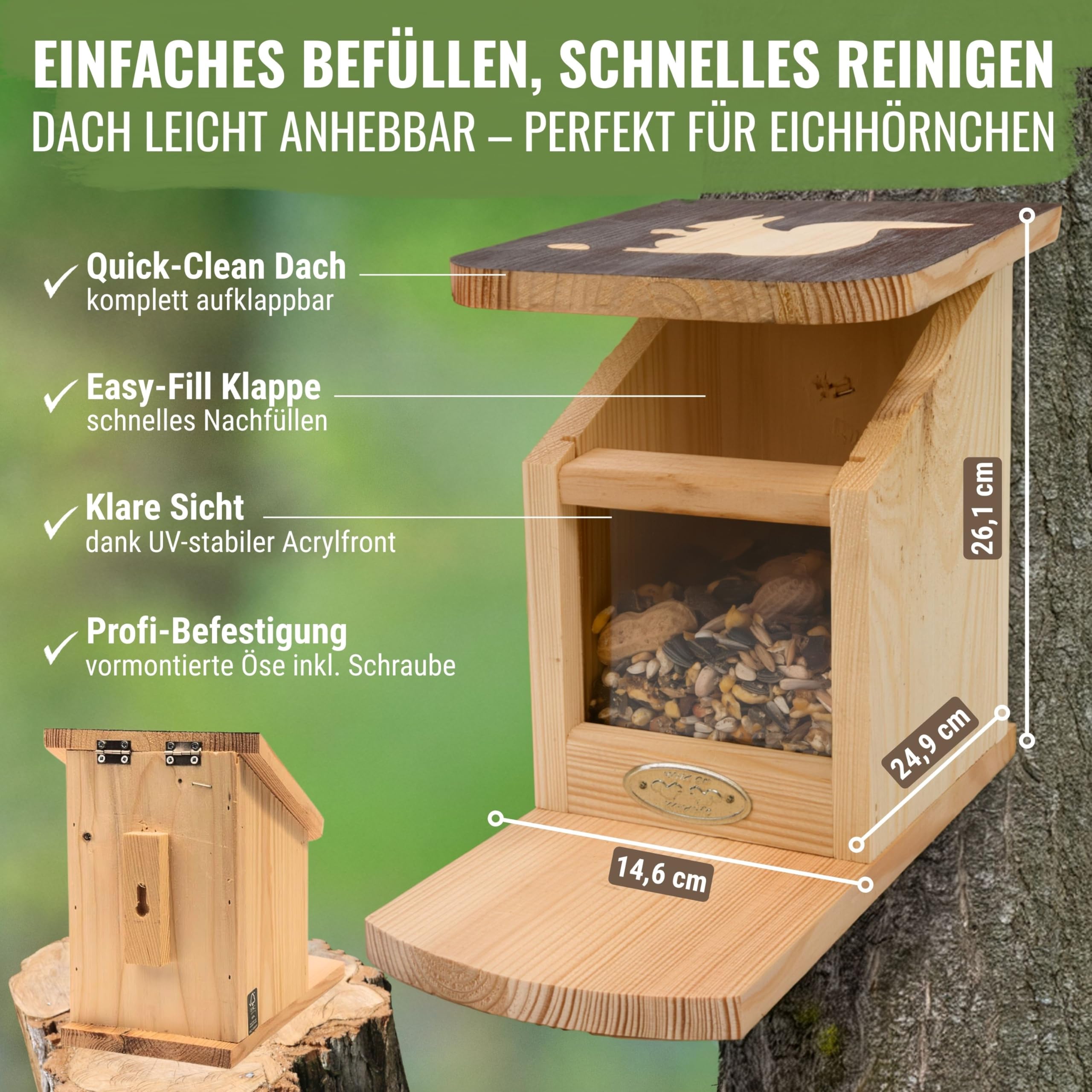 Eichhörnchen Futterhaus mit Dachmotiv - Eichhörnchen Haus und Futterhaus wetterfest - Unbehandelte Futterstation aus Kiefernholz - für Garten und Balkon