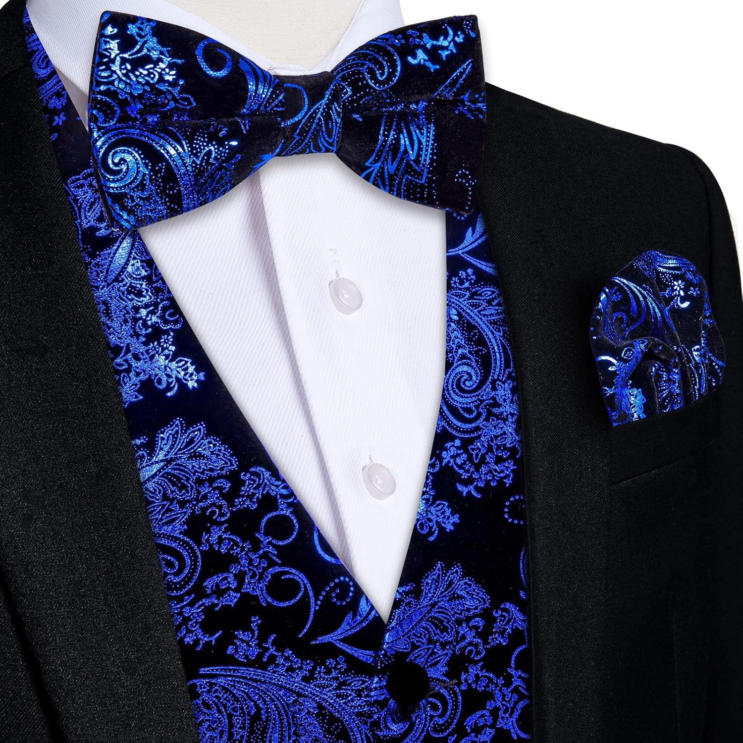 DiBanGu Mens Velvet Dress Waistcoat 6PCS Metallic Paisley Printed Suit Vest and Bowtie Set with Lapel Pin for Suit or Tuxedo