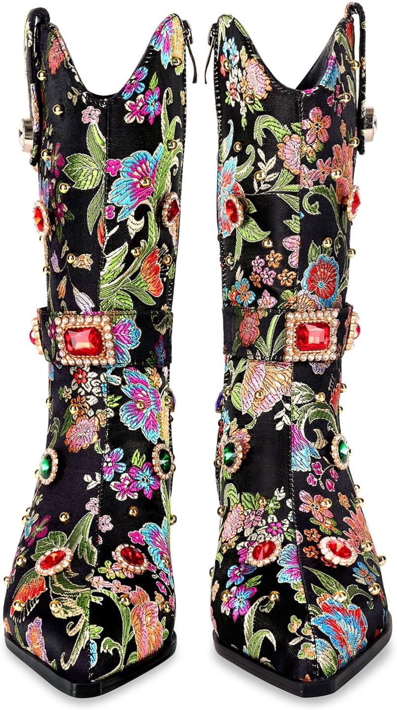 LOCERICH Women Rhinestone Cowboy Sparkly Cowgirl Boots Diamond Western Floral Embroidery Mid Calf Booties - Image 3