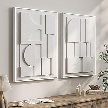 Large 3D Textured Framed White Abstract Wall Art for Living Room, Set of 2 Modern Sandstone Artwork for Walls, White Minimalist Geometric Block Pictures for Bedroom Hallway Office Wall Decor 24x36 In