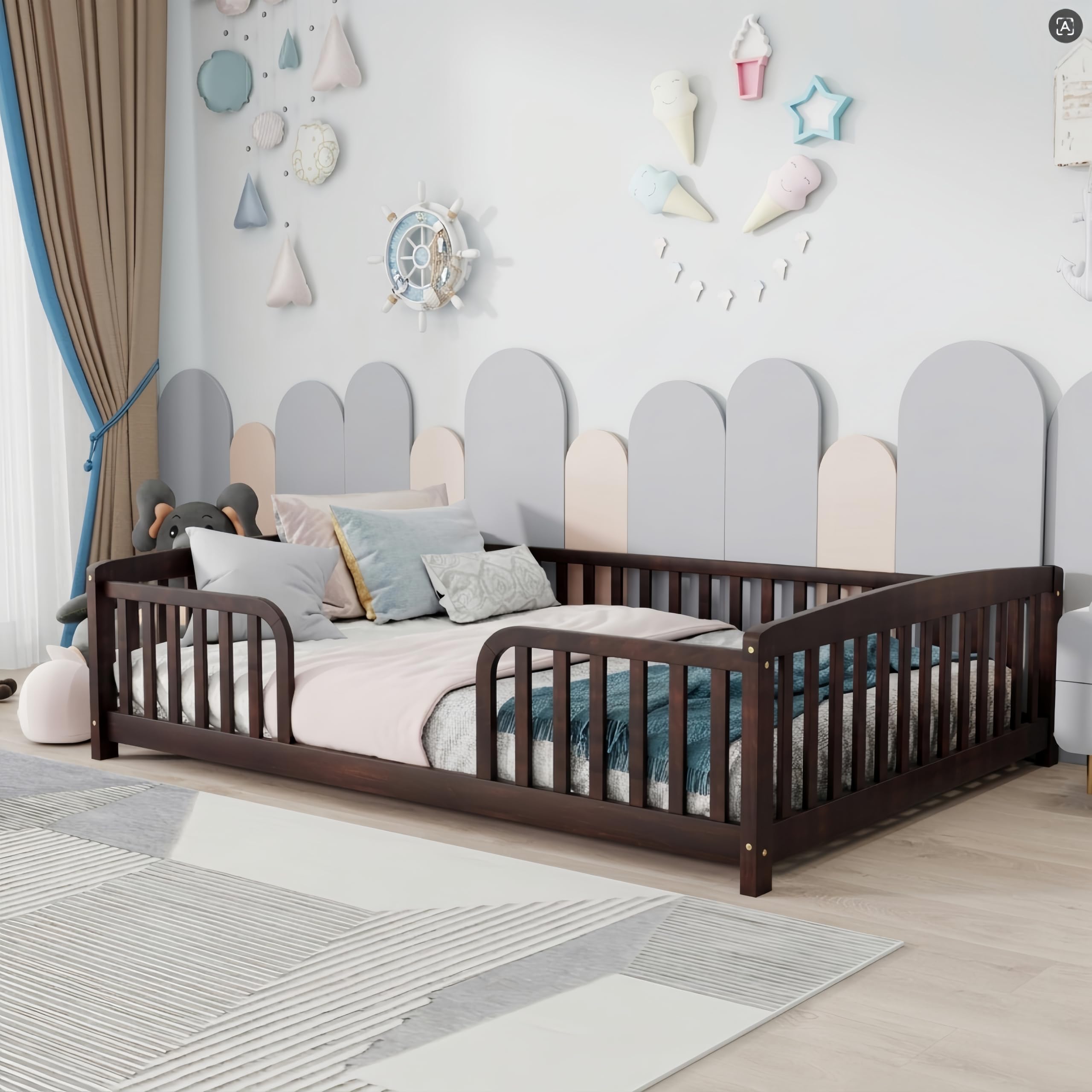 Bellemave Full Size Montessori Floor Bed Frame with High Fence, Solid Wood Kids Floor Bed with Central Entrance, Low Profile Bed for Boys &amp; Girls, Rounded Corner Design,Espresso