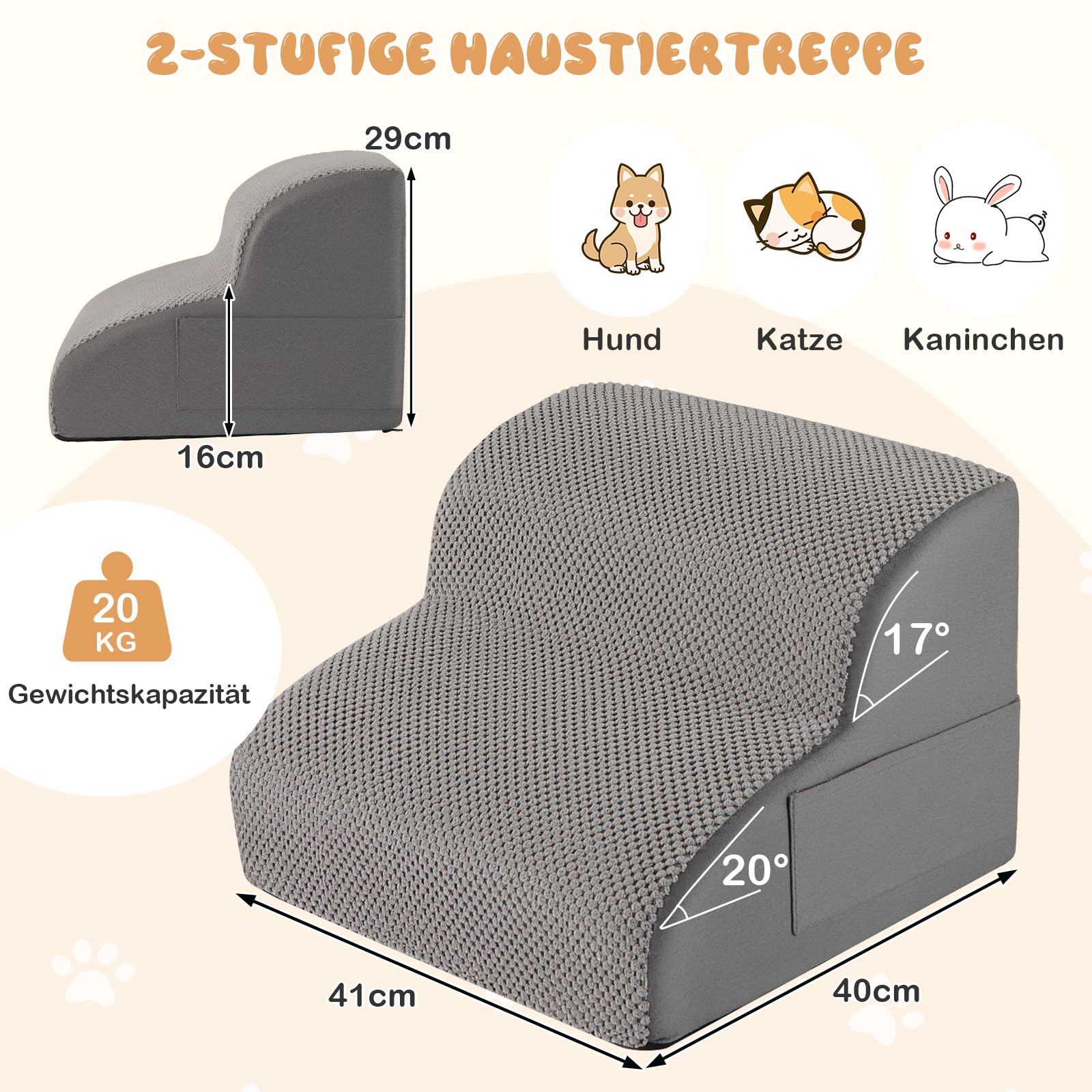 COSTWAY Schody dla psa, 2 stopnie, antypoślizgowe schodki dla psów z pianki, obciążenie 20 kg, schodki dla zwierząt domowych, kotów, zdejmowane, schodki dla psów, na sofę, łóżko, poszewka nadająca się