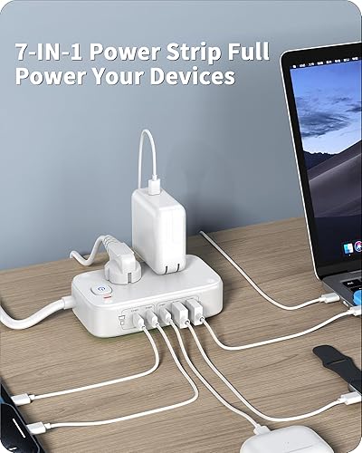 Miniatura 2 de Regleta de alimentación 7 en 1, tira de alimentación USB C PD de 85 W con 3 USB-C, 2 puertos USB-A y salida de CA de 2500 W, enchufe plano total de