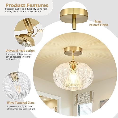 Miniatura 3 de Lámpara de techo semiempotrada dorada, lámpara de techo vintage, lámpara de techo vintage con globo de vidrio texturizado de mediados de siglo,