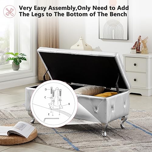 Miniatura 5 de Mikibama Banco otomano de piel sintética para dormitorio, banco otomano de almacenamiento con botones de cristal con asiento y patas de metal