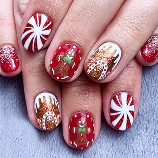 Candy Cane Press on Nails Christmas Gingerbread Fake Nails 24Pcs Short Square Glossy Red Curve Line Acrylic False Nails Xmas Cute Cartoon Gel Glue on Nails Snow Melts Stick on Nails for New Years Gift