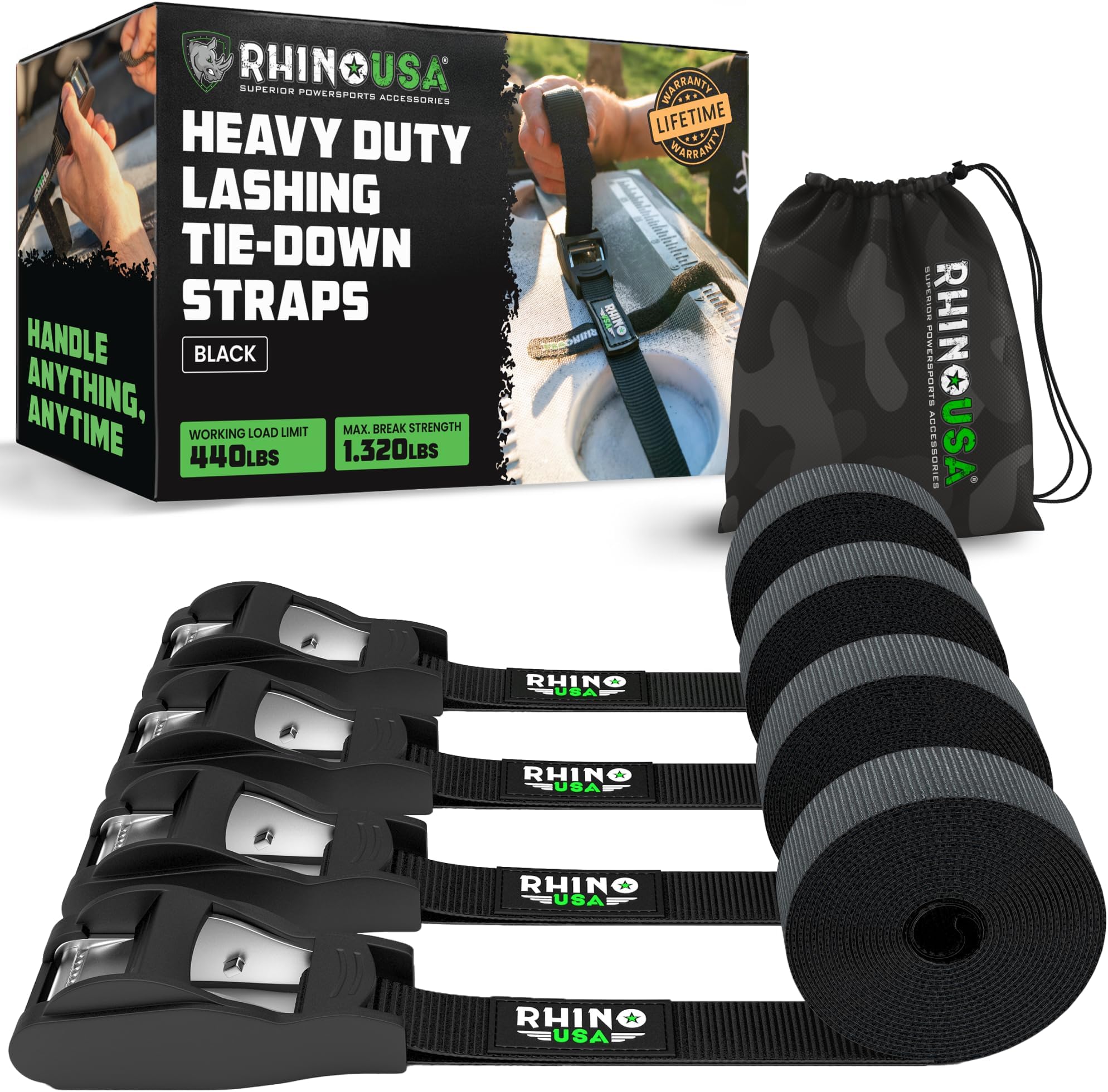 Rhino USA Lashing Straps Cargo Tie Downs (4PK) - 1,320lb lab Inspected Max Break Strength, Includes (4) Heavy Duty 1in x 12ft Cam Buckle Pull Straps. Best for Kayak, Cooler, Cargo