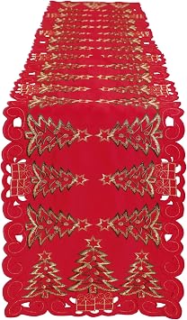 Simplebrand Red Christmas Table Runner 13x70 Inches Long, Embroidered Cutwork Christmas Table Runner with Green Christmas Tree and Gifts, Xmas Tree Dresser Scarf Winter Holiday Parties Kitchen Dinner
