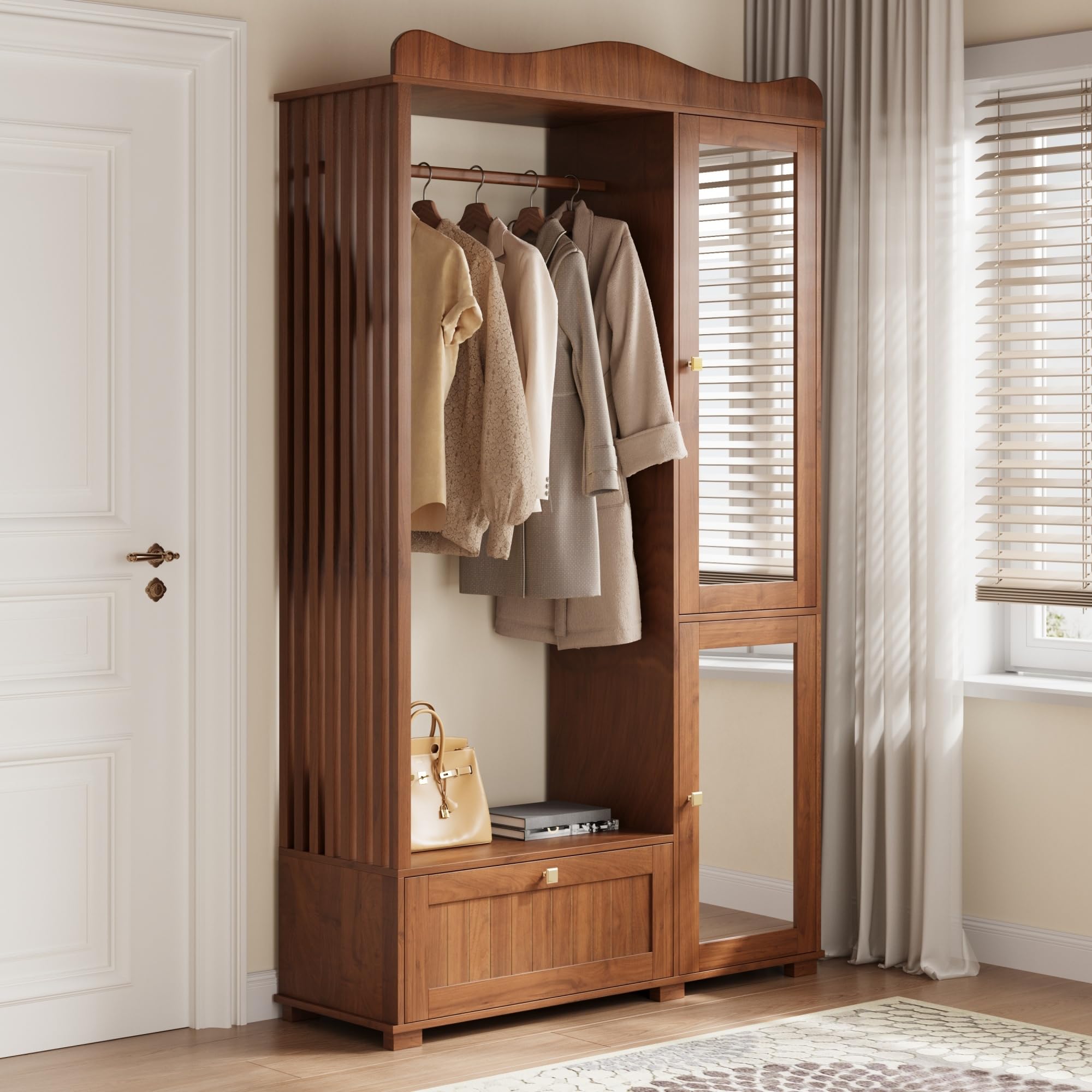 Conjunto de Armario/Perchero Recibidores de Entrada con Espejo, Juego de Mueble Recibidor con Barras para Colgar Ropa y Cajones, Armario Entrada, 115.5x38.5x194.5 cm, Color Nogal