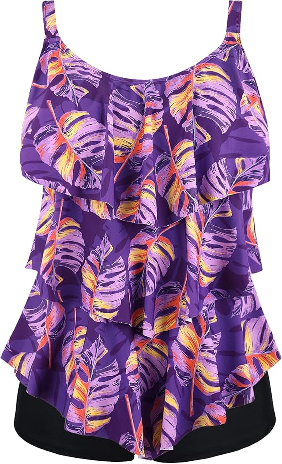 Septangle Women's Tankini Swimsuit Two Pieces Set Ruffle Swimwear Bathingsuit with Boyshort