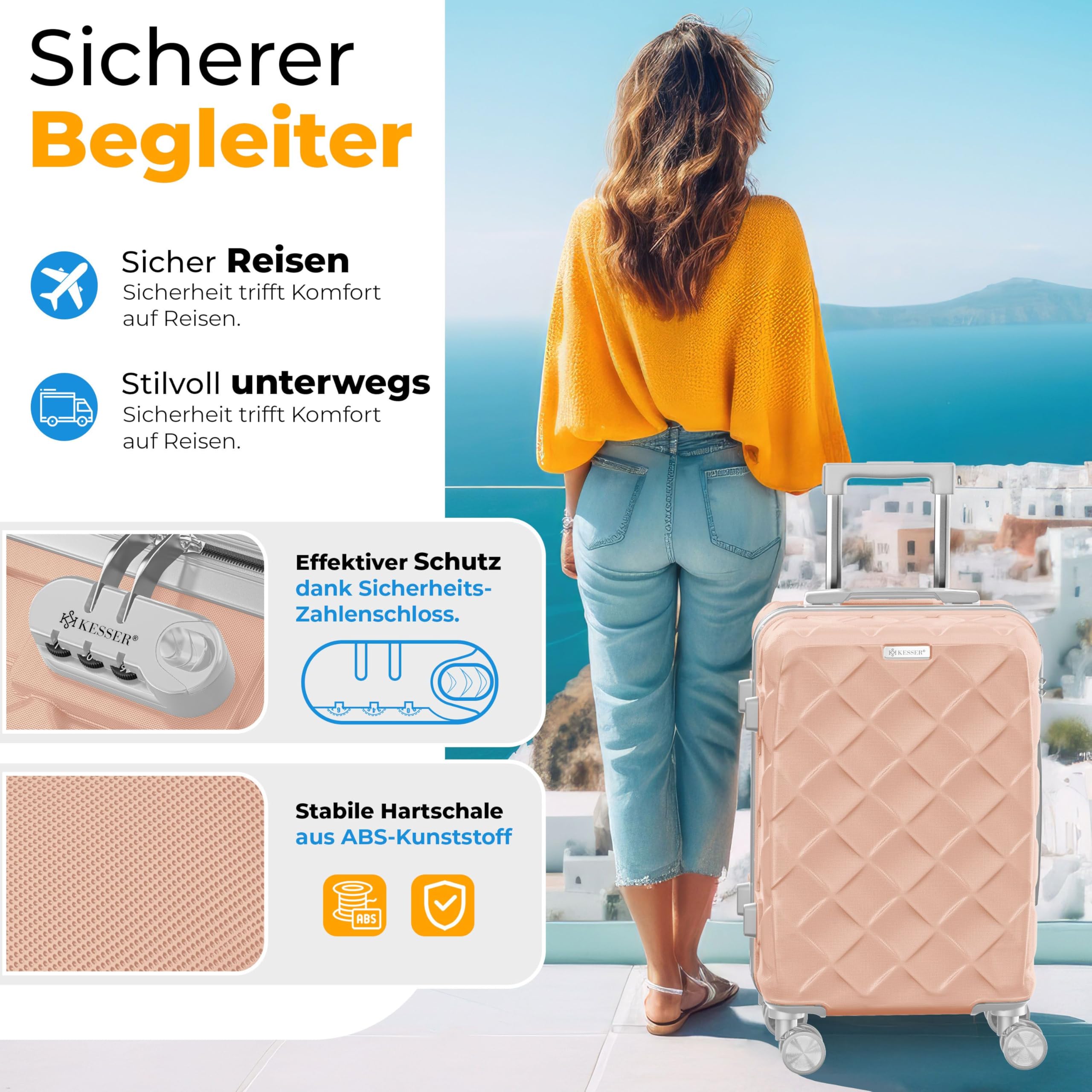 KESSER Juego de maletas de viaje de 4 piezas, maletín rígido ABS con cerradura de combinación, báscula y cartera de viaje, ruedas de 360°, equipaje de mano y maleta grande para negocios y viajes, Gris