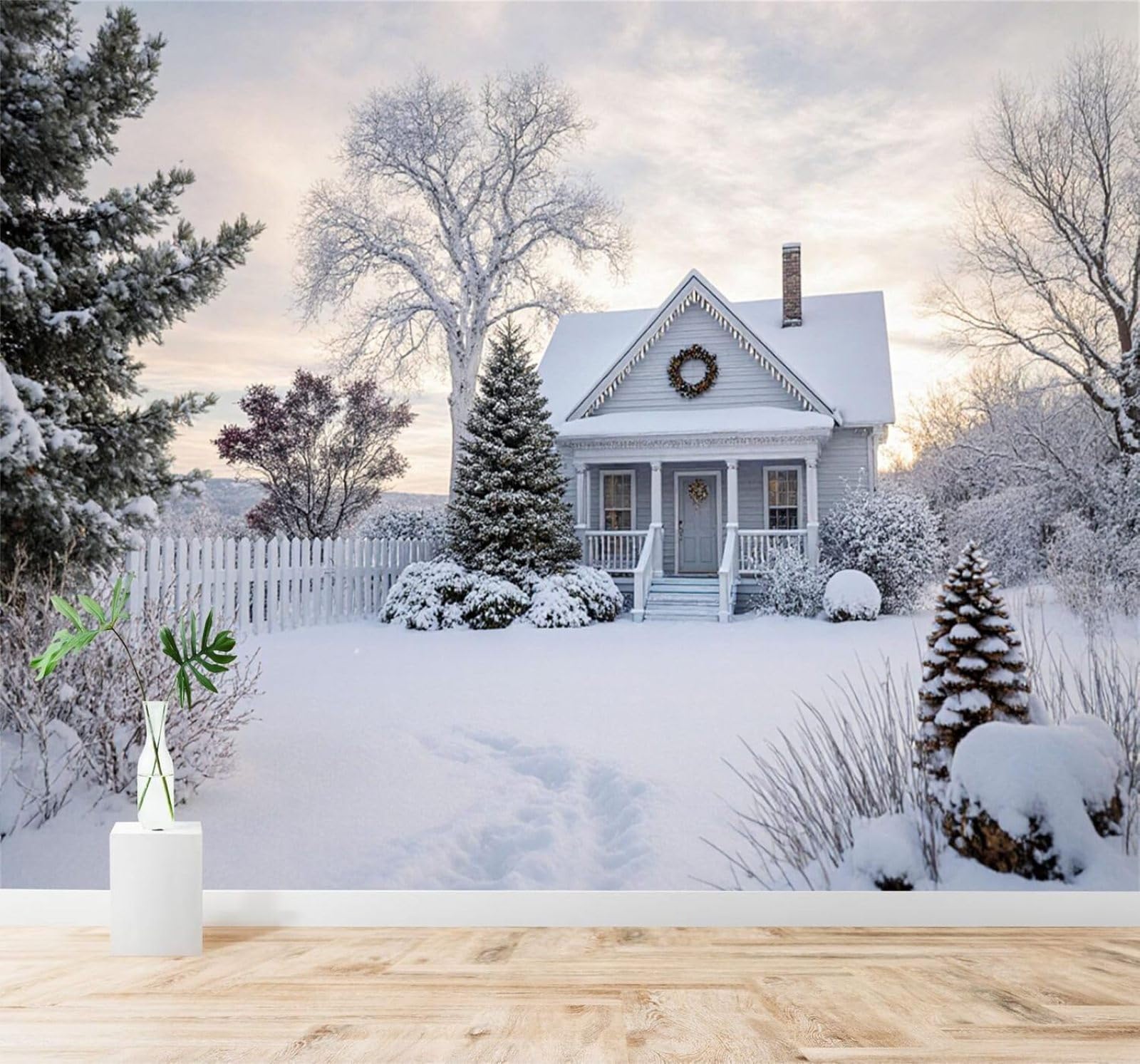 XLMING Beautiful House Pine Tree Winter Snowy Landscape 3D Wallpaper Silky Texture Home Study Office Grey Dining Room Sofa Bedroom Living Room TV Backdrop-200cm×140cm