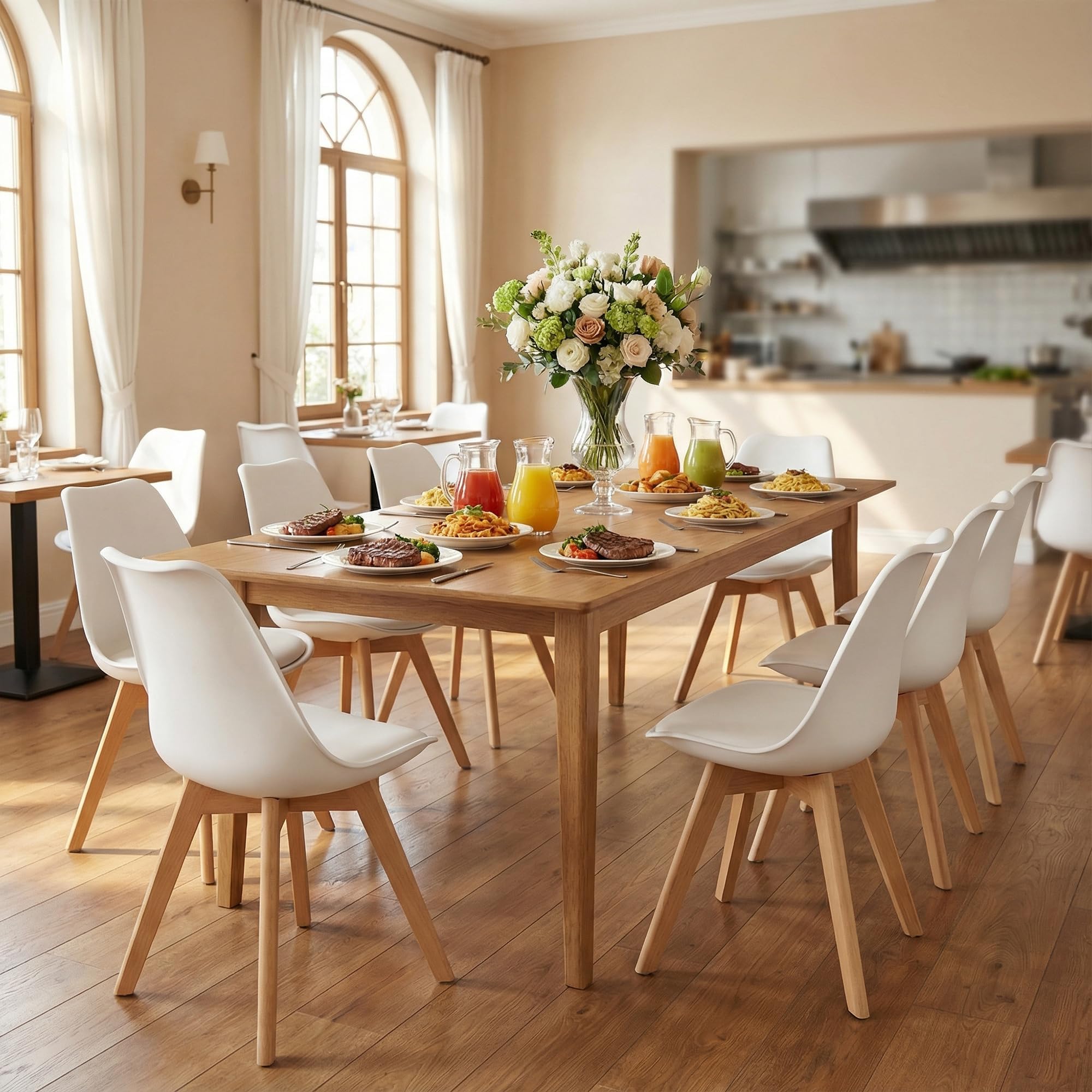 Sillas de Comedor, Pack 4 Sillas Comedor Nórdico, Sillas Cocina con Asiento Tapizado y Las Piernas de Madera de Haya Maciza, Blanco